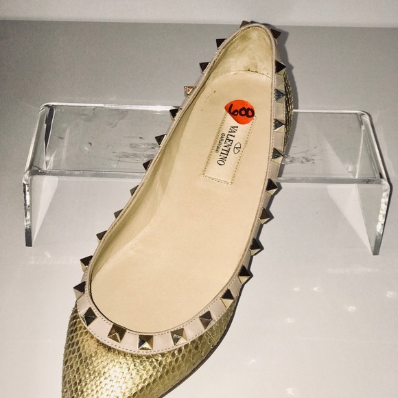 Valentino Rock Stud Metallic Gold Snake Skin Flats - Picture 5 of 5